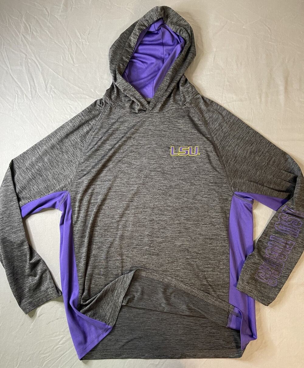 LSU Tigers Heather Gray Purple Performance Athletic Hoodie Tigers Script XL